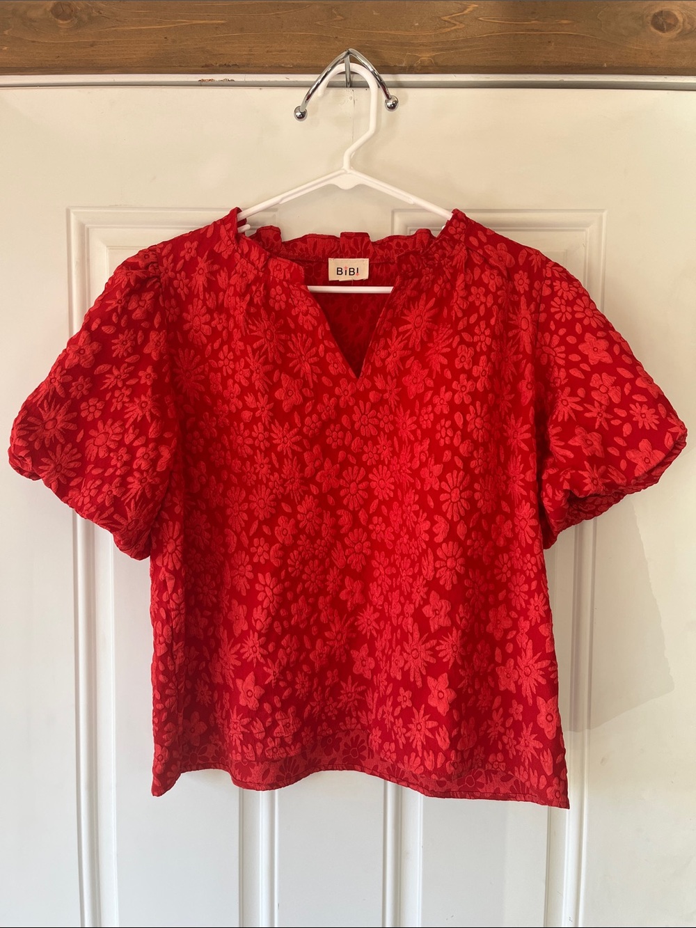 BiBi Red Floral Embroidered Puff-Sleeve Blouse